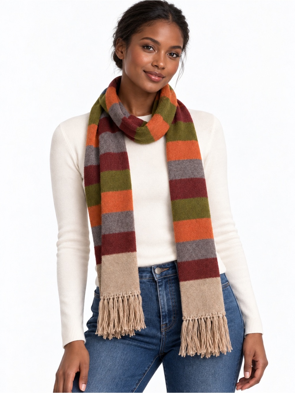 VINTAGE HANSEN Striped  Scarf in Orange, Olive, Burgundy and Taupe
